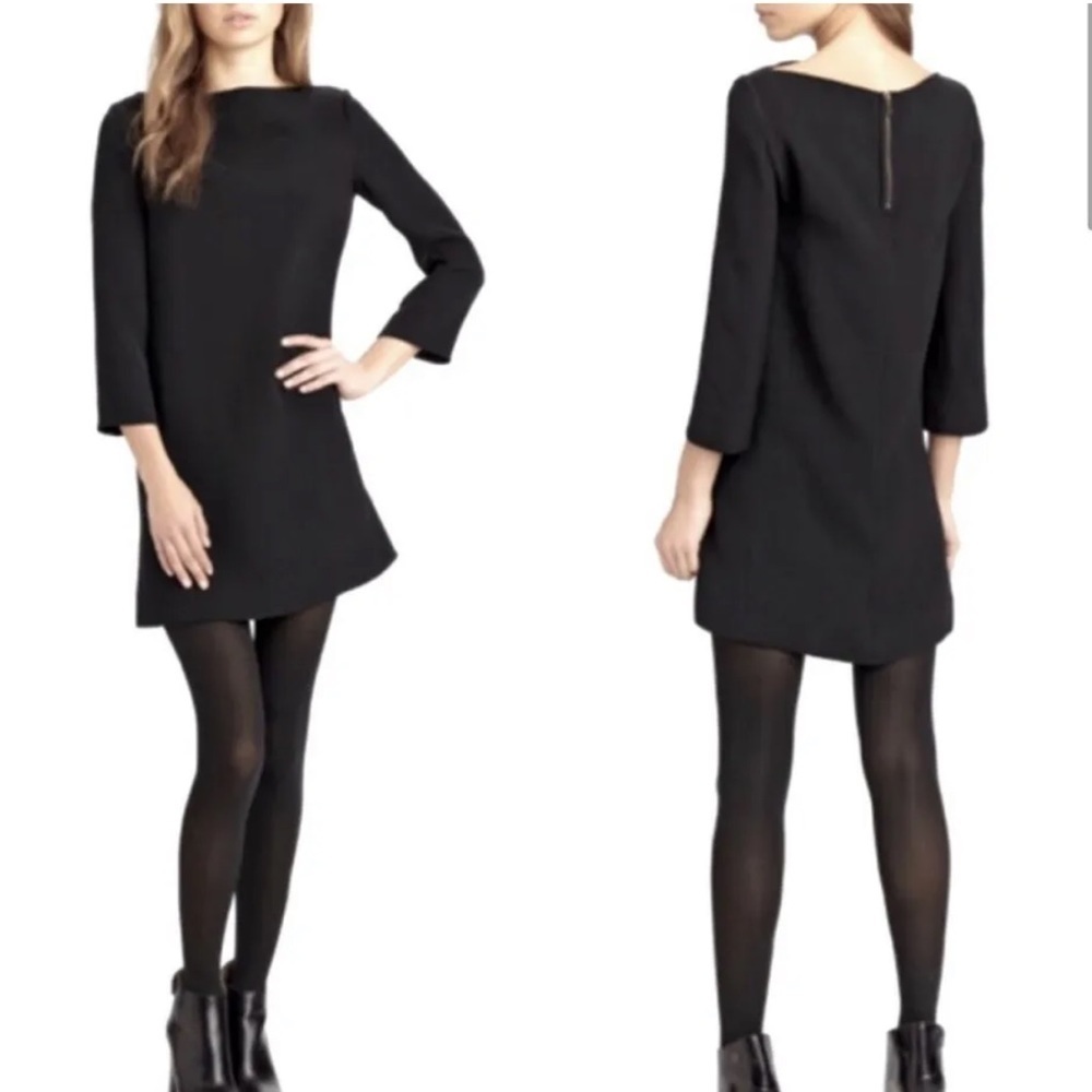 Vince 100% Silk 3/4 Sleeves Boat Neck Zipper Back Black Mini Shift Dress Size 2